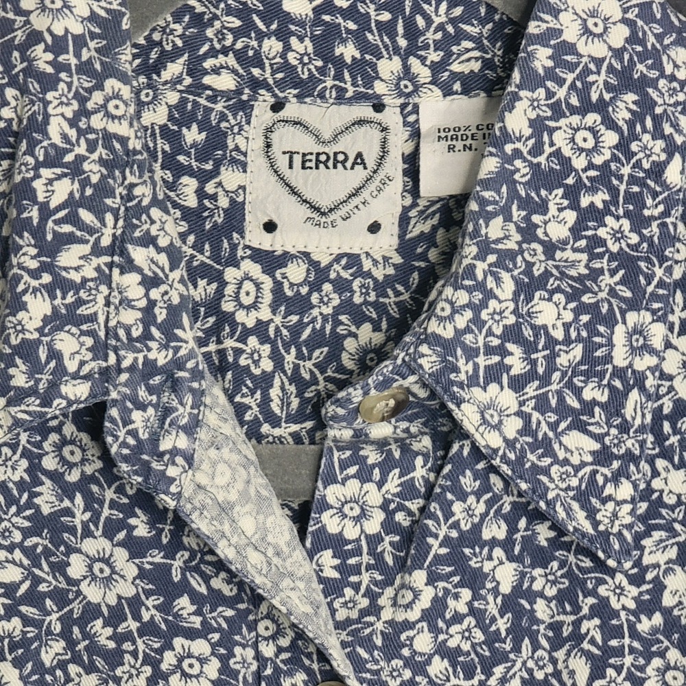 Terra Button Down Shirt Womens Medium Blue Floral Cotton Long Sleeve Country - Picture 2 of 9
